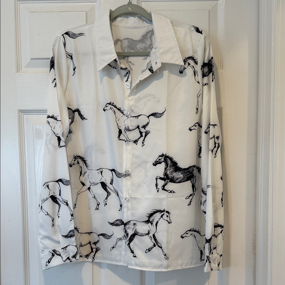Elegant White Button Down Shirt with Horse Print